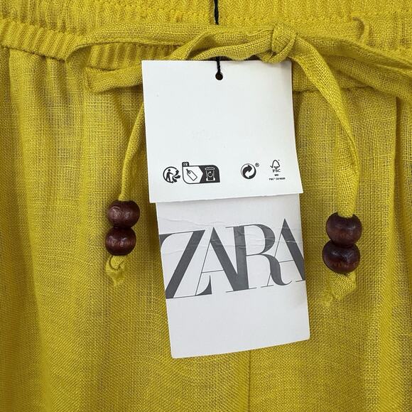 New Zara 100% Linen Yellow‎ Elastic Waist Tie Wide Leg Summer Pants Medium - Picture 4 of 7